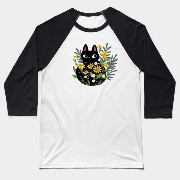 Black Cat In The Flowers Baseball T-Shirt by MichelleScribbles